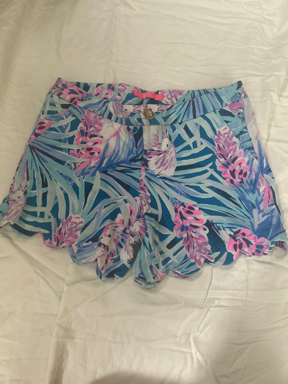 Lilly Pulitzer Teal and Pink Tropical Scallop-Hem Shorts